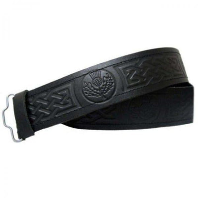 Black Leather Thistle Embossed Belt for Kilt Outfit