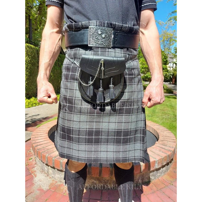 Highland Grey Men's 5 Yard Scottish Kilt - 13oz Tartan Casual Kilt With Leather Straps (34 Inch Waist)